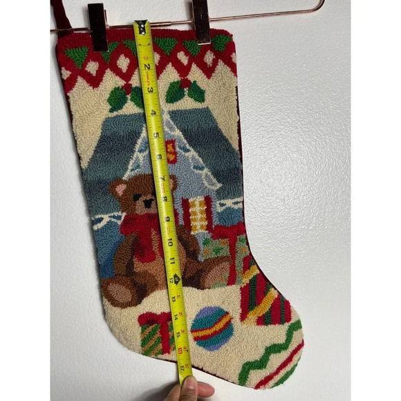 Teddy Bear Handmade Needlepoint Velvet Christmas Stockings Hanging Loop Decor - Picture 4 of 6